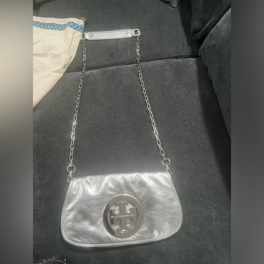 Tory Burch Silver Metallic Shoulder Bag with Chain Strap